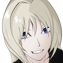 An image of a blonde girl with blue eyes, pale skin and a black shirt, grinning mischievously.